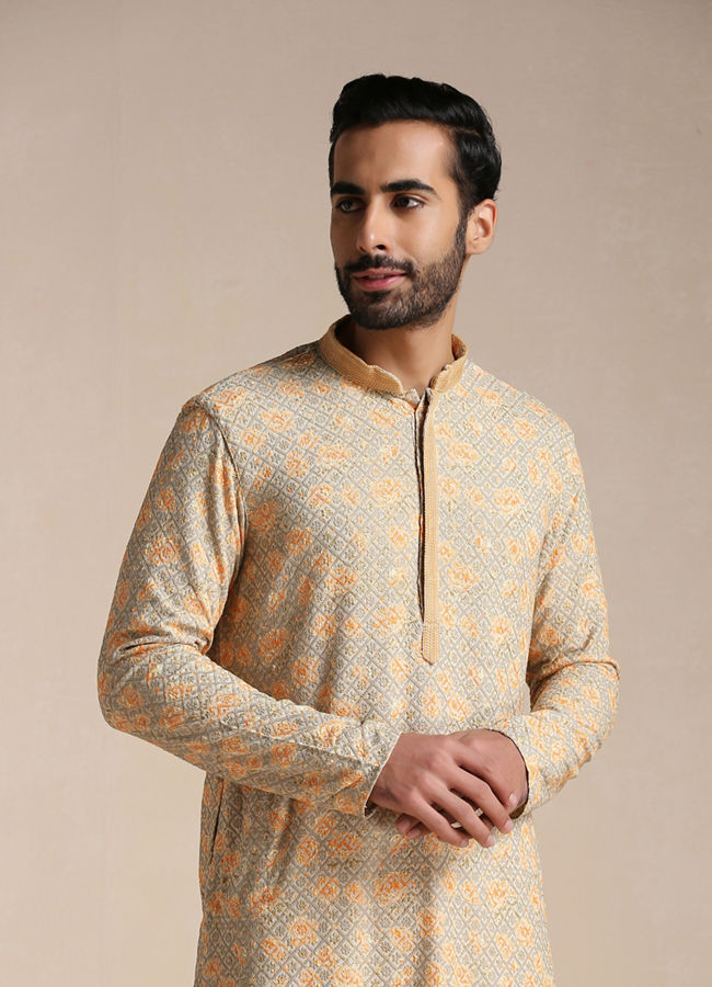 alt message - Manyavar Men Peach and Pista Green Chikankari image number 0